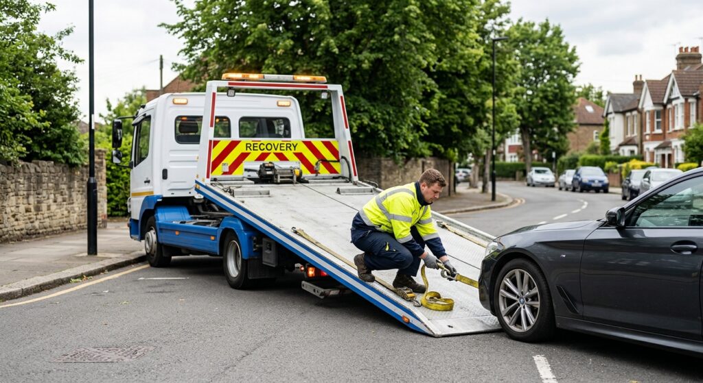 Professional car towing service using a recovery truck