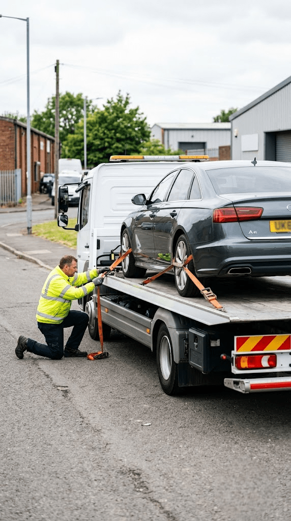 Flatbed recovery truck providing vehicle towing and transport